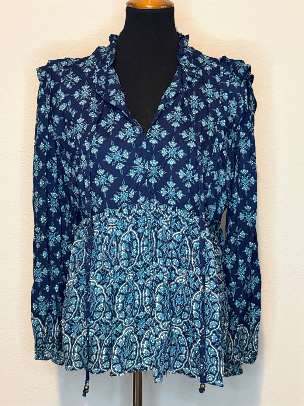Blue Rain Navy and Light Blue Printed Long-Sleeve Peasant Top